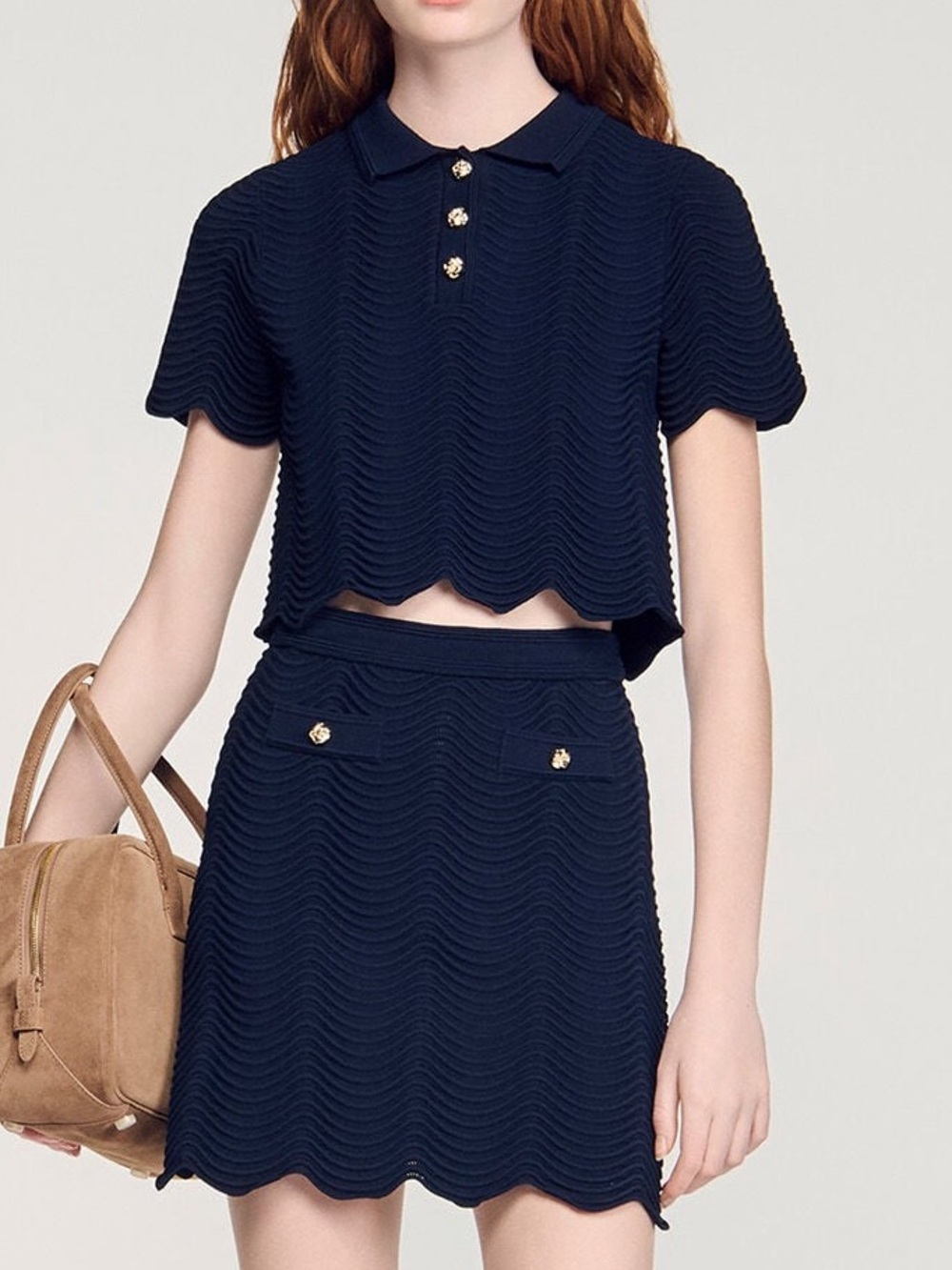 Sandro Paris Scalloped Knit Polo Cropped Sweater Top Size: US Medium, FR 2 Navy